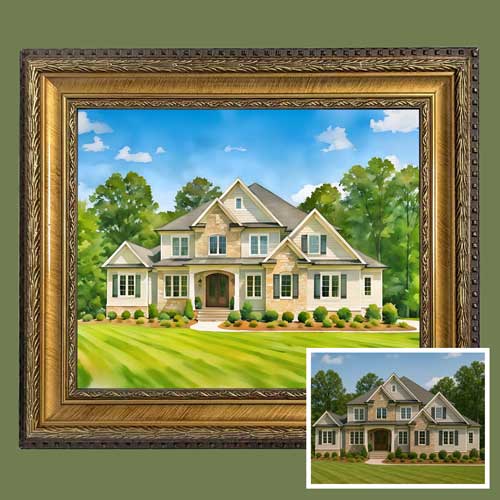 Watercolor house in an ornate gold frame