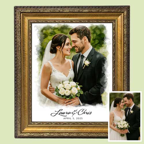 Watercolor portrait in an ornate gold frame