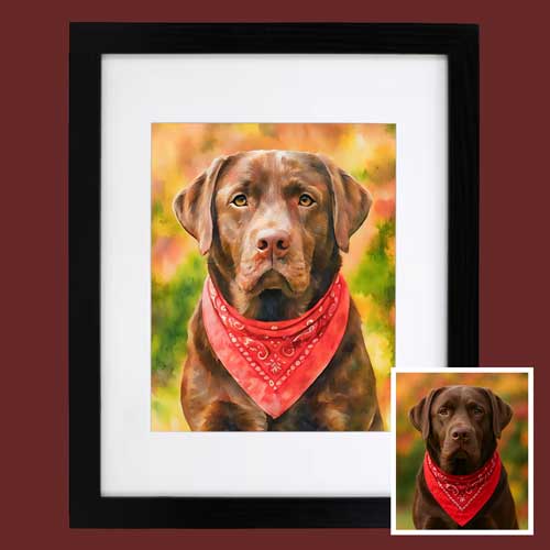 Watercolor portrait in a slim black frame