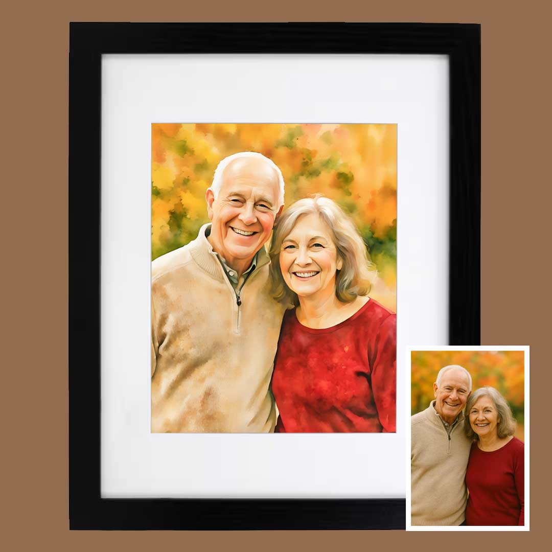 Watercolor portrait in a slim black frame