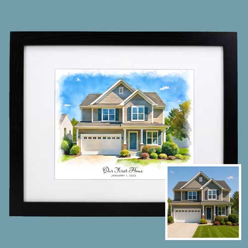 Watercolor house in a slim black frame