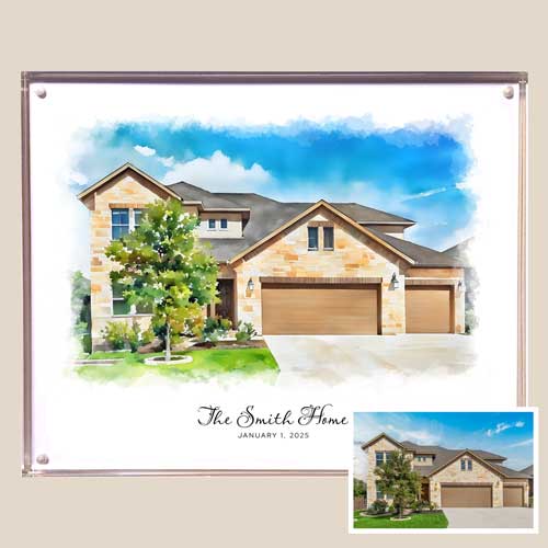 Watercolor house in an acrylic frame