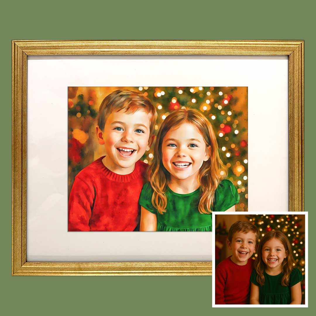 Watercolor portrait in a slim gold frame