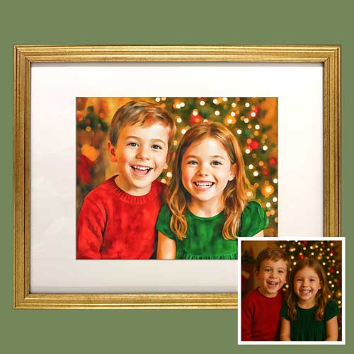 Watercolor portrait in a slim gold frame