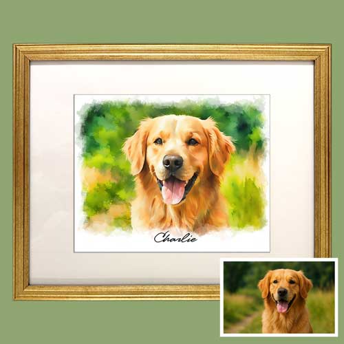 Watercolor portrait in a slim gold frame
