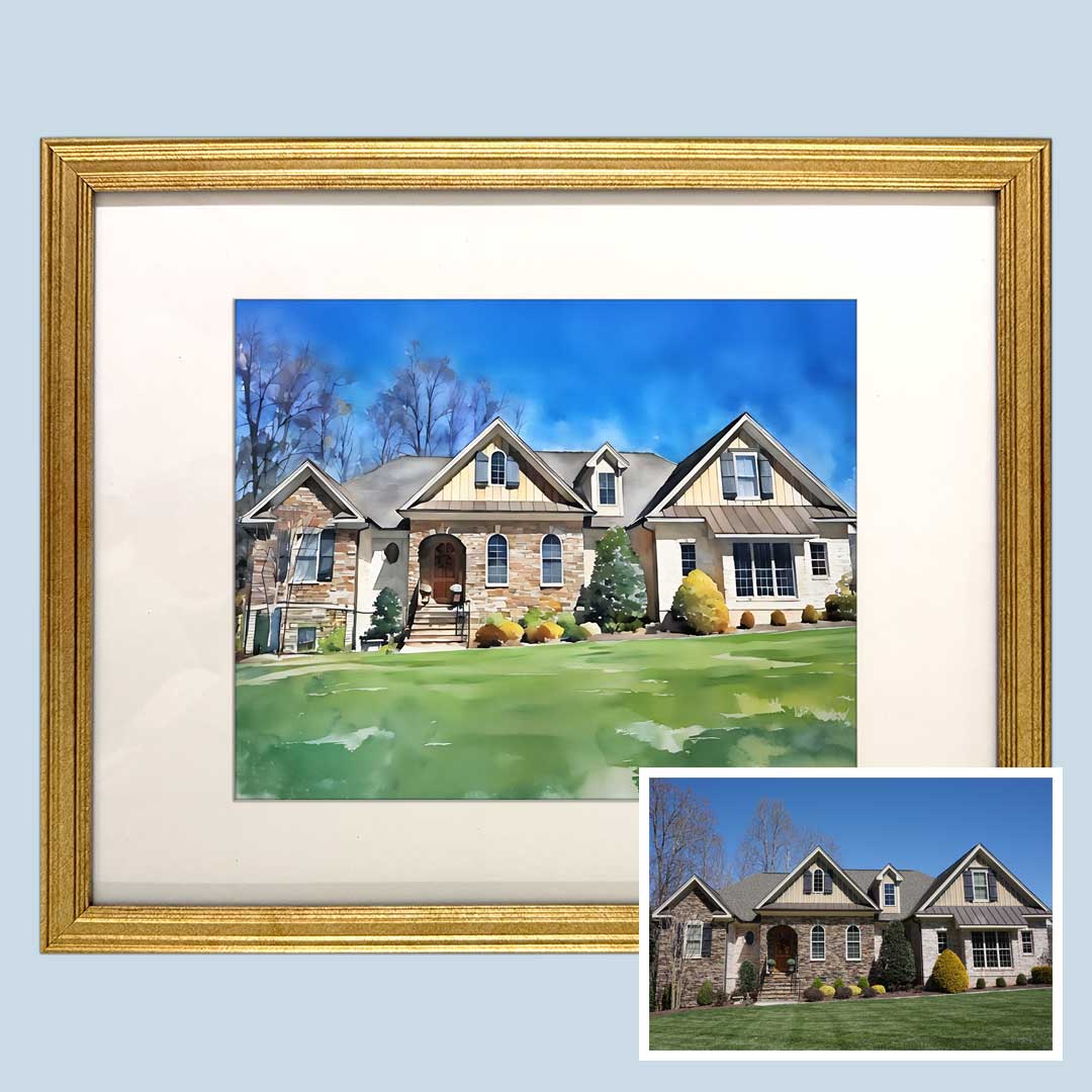 Watercolor house in a slim gold frame