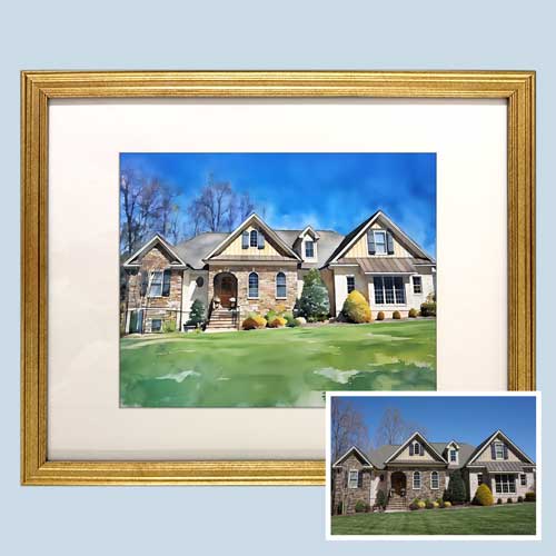 Watercolor house in a slim gold frame