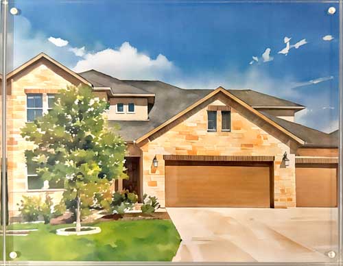 Watercolor house in an acrylic frame