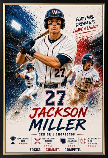 Framed baseball sports legacy print with player photos and stats