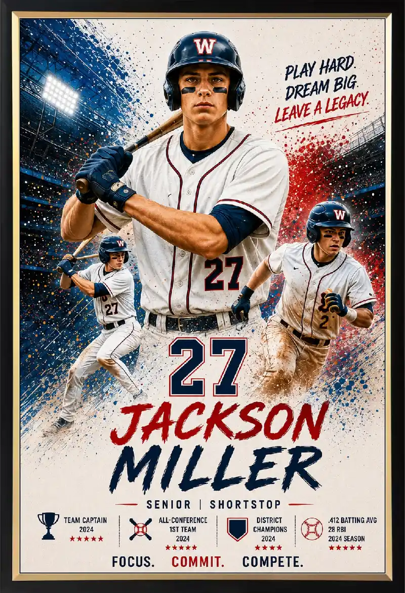 Framed baseball sports legacy print with player photos and stats