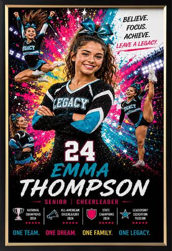 Framed cheerleader sports legacy print with player photos and stats
