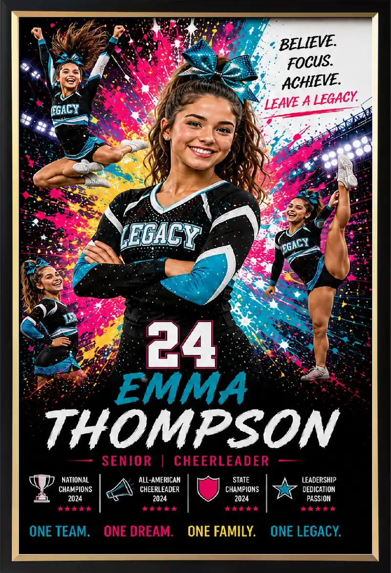 Framed cheerleader sports legacy print with player photos and stats