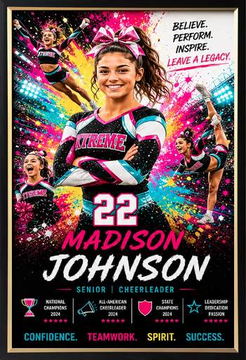 Framed cheerleader sports legacy print with player photos and stats