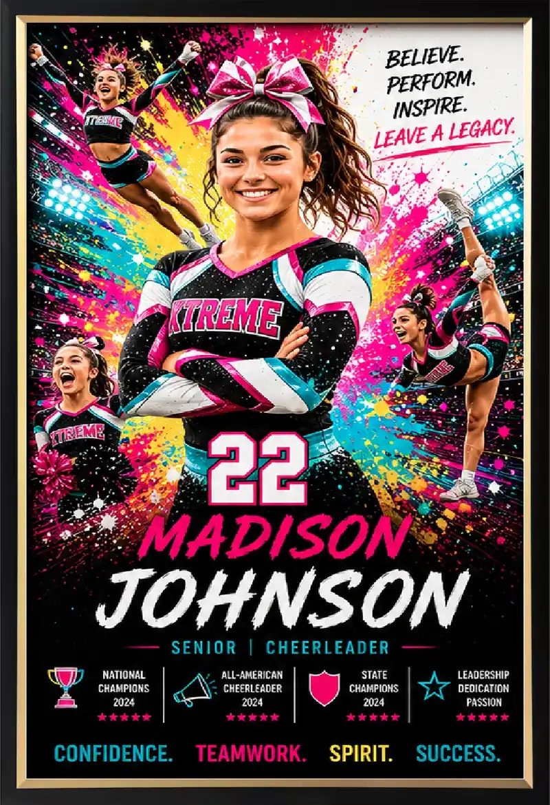 Framed cheerleader sports legacy print with player photos and stats