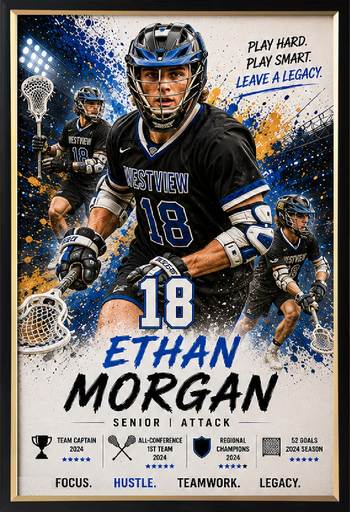 Framed lacrosse sports legacy print with player photos and stats
