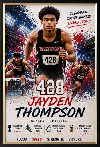 Framed track and field sports legacy print with player photos and stats