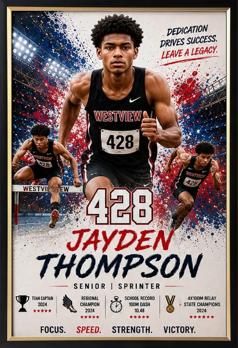 Framed track and field sports legacy print with player photos and stats