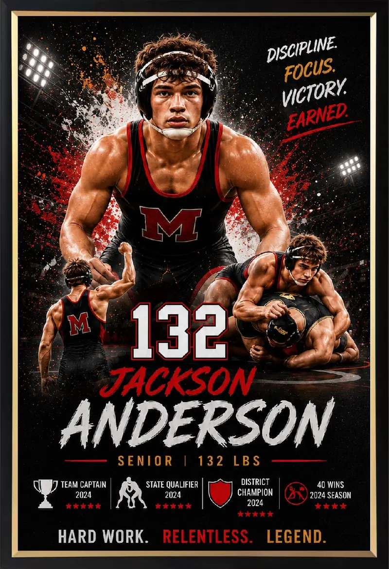 Framed wrestling sports legacy print with player photos and stats