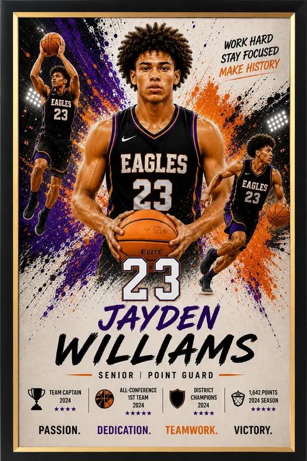 Framed basketball sports poster with player photos and stats
