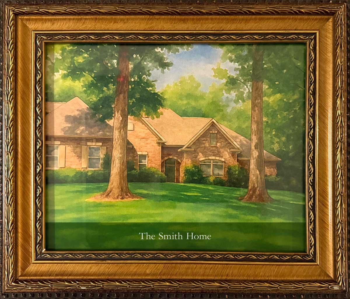 Watercolor house in an ornate gold frame