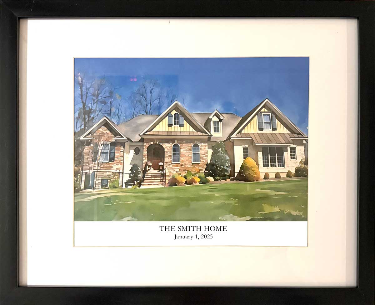 Watercolor house in a slim black frame