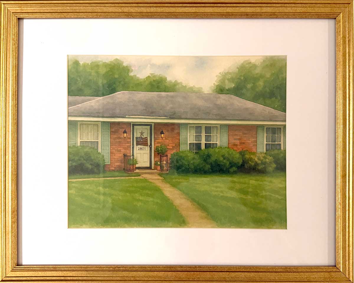 Watercolor house in a slim gold frame