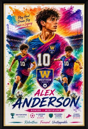 Framed soccer sports poster with player photos and stats
