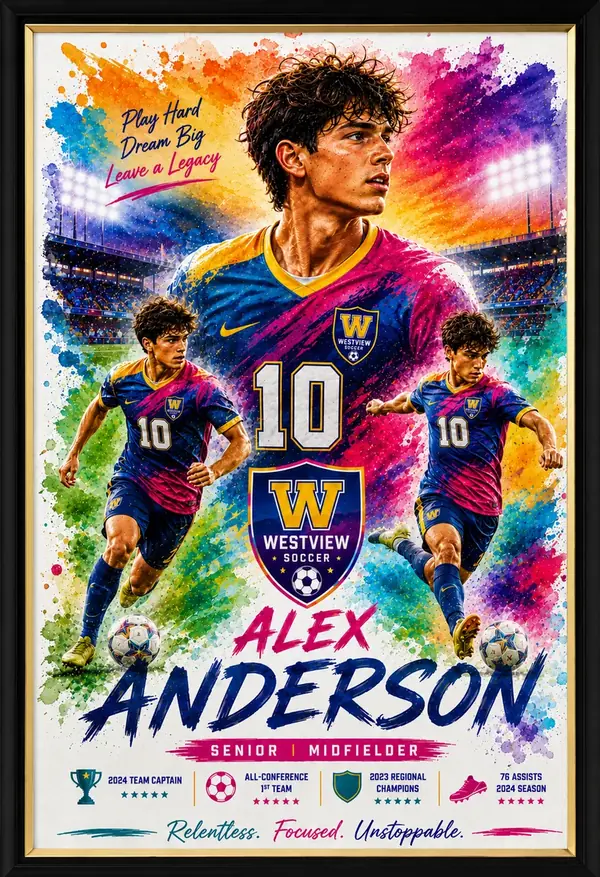 Framed soccer sports poster with player photos and stats